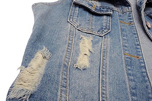 Womens Denim Jean Vest Classic Junior Button Up Cropped Distressed Sleeveless Jean Jacket