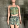 Women's Denim 2 Piece Outfits Tank Top and Bodycon Mini Skirt with 3D Pocket Summer Sexy Cargo Jeans Set Tracksuit