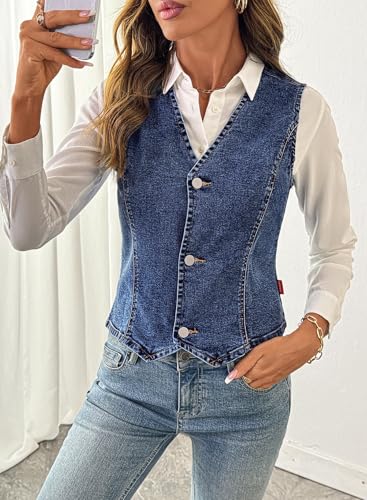 Women's Denim Vest Sleeveless V Neck Zimbaplatinum Jean Vest Top Button Down Crop Waistcoat Vest Summer Outfit