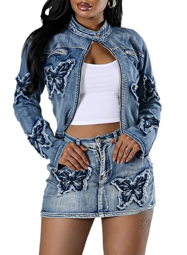 51XzKiSLjfL.jpg Women??s Denim Set 2 Piece Outfits Casual Denim Jacket & Mini Skirt Set Bodycon Jean Outfits with Pockets