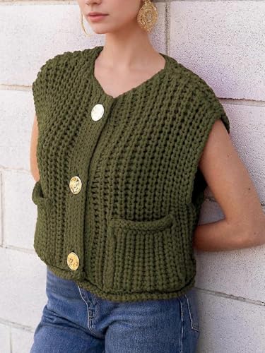 51c0AfqWnL.jpg Women's Sleeveless Cropped Knit Cardigan 2025 Casual Button Down Crochet Sweater Vest Tops with Pockets