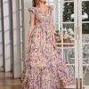 Women's Summer Floral Print Straps Sleeveless V Neck Criss Cross Backless Chiffon Beach Boho Party Long Maxi Dress