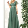 51f2x1UqjwL.jpg Women's Mother of Bride Dress Double V-Neck Empire Waist Front Wrap Tulle Bridesmaid Dress 07962