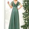 51ff0QeSwFL.jpg Women's Mother of Bride Dress Double V-Neck Empire Waist Front Wrap Tulle Bridesmaid Dress 07962