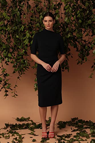 Women's Side Pleat Dress with Asymmetric Neck and Elbow Sleeves