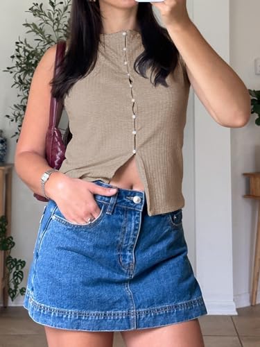 51h8NpS3YeL.jpg Womens Button Down Ribbed Tank Tops Cropped Cute Y2k Vest Tops 2025 Summer Going Out Outfits