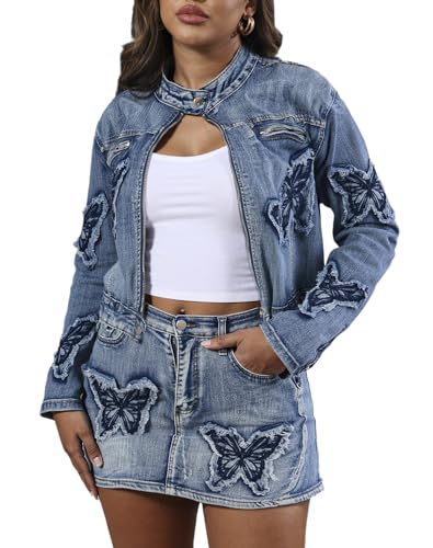 51nZPeeze1L.jpg Women??s Denim Set 2 Piece Outfits Casual Denim Jacket & Mini Skirt Set Bodycon Jean Outfits with Pockets