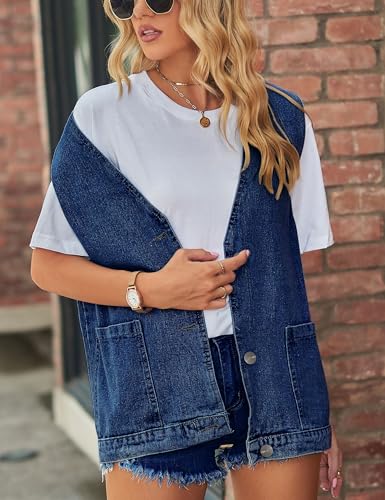 51pdJrDsEML.jpg Women's Casual Denim Jean Vest Oversized Sleeveless Mid Long Button Down Jeans Jackets Vests Tops Waistcoat 