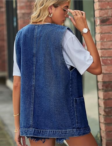 51pwobCnL3L.jpg Women's Casual Denim Jean Vest Oversized Sleeveless Mid Long Button Down Jeans Jackets Vests Tops Waistcoat 