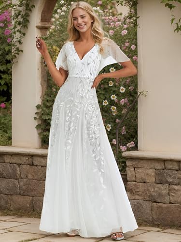 51sF3haaecL.jpg Women's Sequin Sparkly V-Neck Short Sleeve A-Line Floor Length Evening Dress 00734