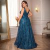 51uyXARFoNL.jpg Plus Size Formal Dresses for Women with Embroidery Sequin and V-Neck, A-Line Maxi Dress for Wedding and Cocktail