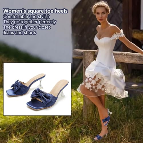 Women's Bowknot Heeled Sandals Square Toe Pleated Bow Heels Slippers Stilettos Mules Slip on Wedding Party Dress Shoe
