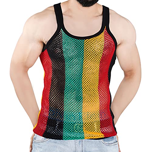 51xXDSW3xVL.jpg Men's Rasta String Vest 100% Cotton Mesh Marina Caribbean Jamaican Tank Top See-Through Gym Beach Shirt