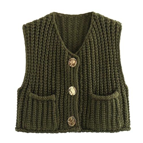 51xyrg48f8L.jpg Women's Sleeveless Cropped Knit Cardigan 2025 Casual Button Down Crochet Sweater Vest Tops with Pockets