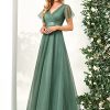 51y6wLMvlsL.jpg Women's Mother of Bride Dress Double V-Neck Empire Waist Front Wrap Tulle Bridesmaid Dress 07962