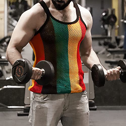 51ze4hs68wL.jpg Men's Rasta String Vest 100% Cotton Mesh Marina Caribbean Jamaican Tank Top See-Through Gym Beach Shirt